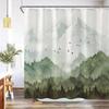 Watercolor Mountain Forest Shower Curtain,Nature Misty Foggy Sage Green Tree Landscape Art Shower Curtains with 12Hooks Bathroom