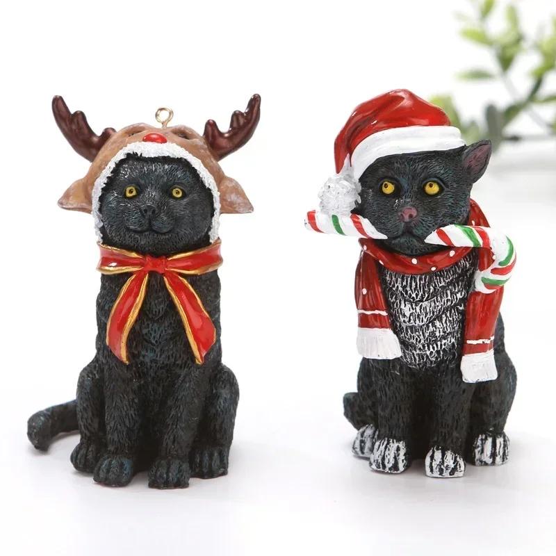 Christmas Cat Sculpture Pendant Resin Craft Figurines Hanging Decorations for Desktop Xmas Tree Holiday Party Home