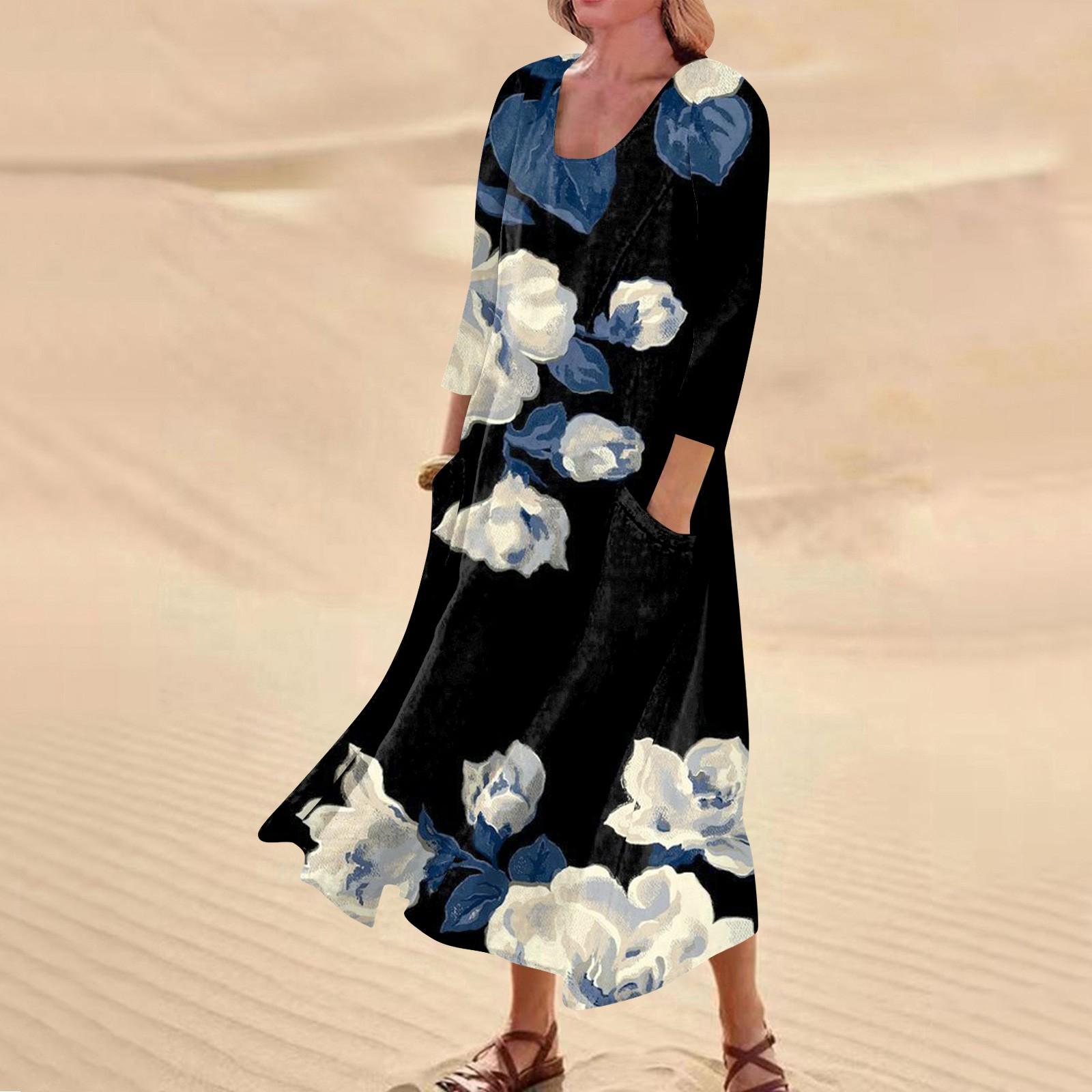 Женское повседневное удобное хлопковое карманное платье с цветочным принтом и рукавами — фото 13