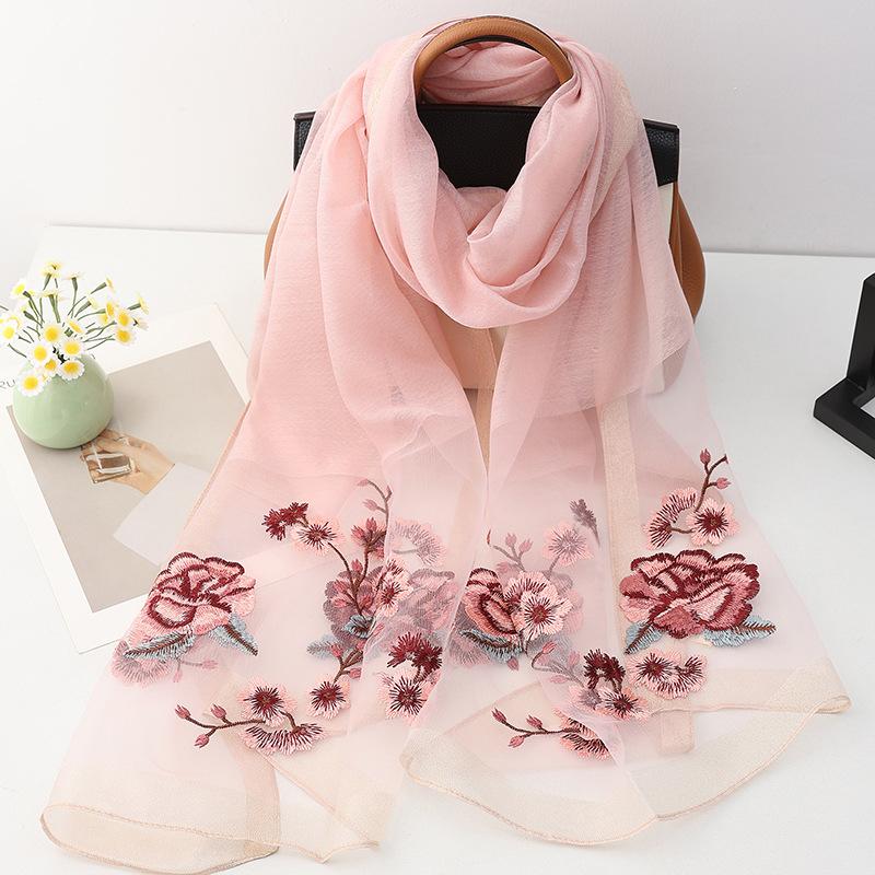 Four Season Silk Wool Scarf Women Hijab Pashmina Shawls Wrap Bandana Blanket Floral Pashmina Embroidery Scarves Foulard Femme