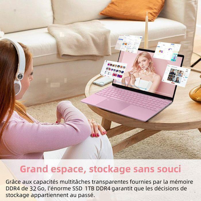 Auusda PC Portable 15.6''- Stockage 32GB+1To SSD - Intel Celeron N5100 - Ordinateur Portable Windows 11 FHD 5G/2.4G WiFI Rose