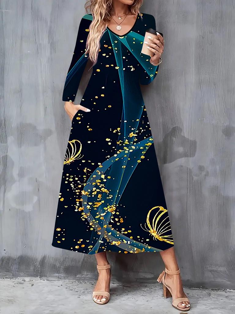 2025 Autumn and Winter New Women Casual Fashion Dress 3D Butterfly Print  Long Sleeve V-Neck A-Line Dresses