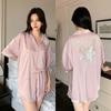 Butterfly Pajamas Summer Cardigan Short Sleeve Shorts Set Lapel Loose and Comfortable Ice Silk Satin Pajama Set