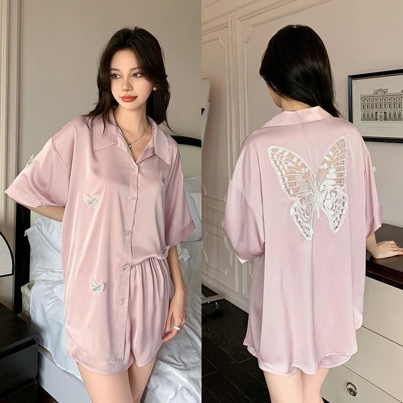 Butterfly Pajamas Summer Cardigan Short Sleeve Shorts Set Lapel Loose and Comfortable Ice Silk Satin Pajama Set