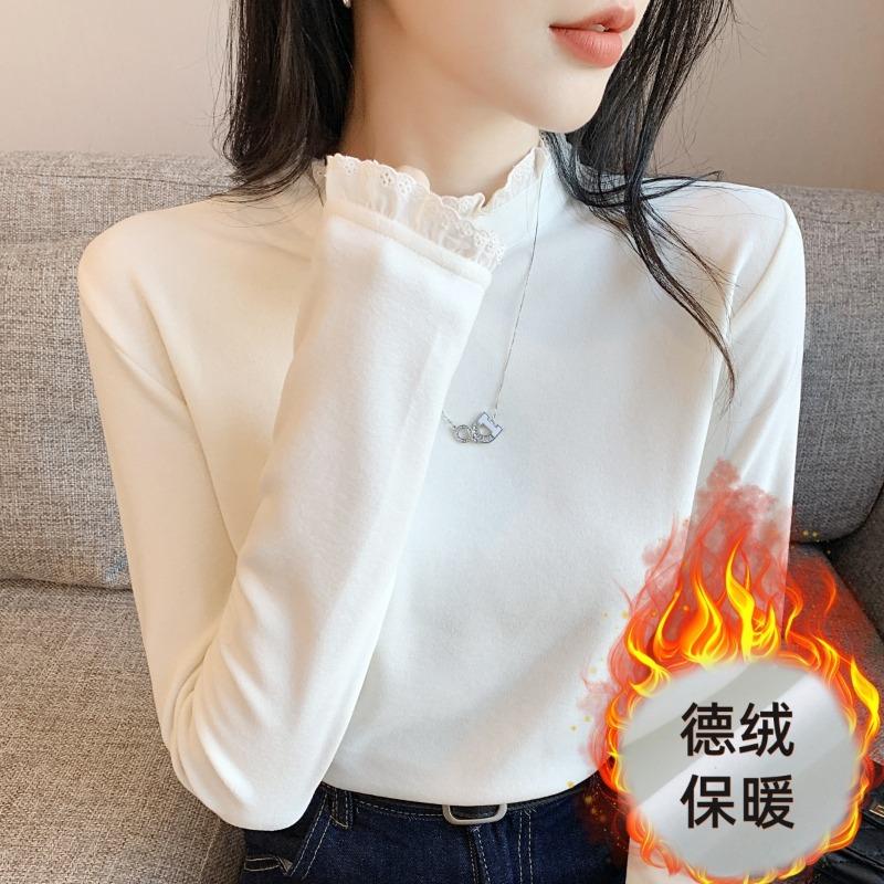 

German velvet thermal bottoming shirt women s lace semi-turtleneck top spring high-end temperament long-sleeved shirt XL абрикосовий