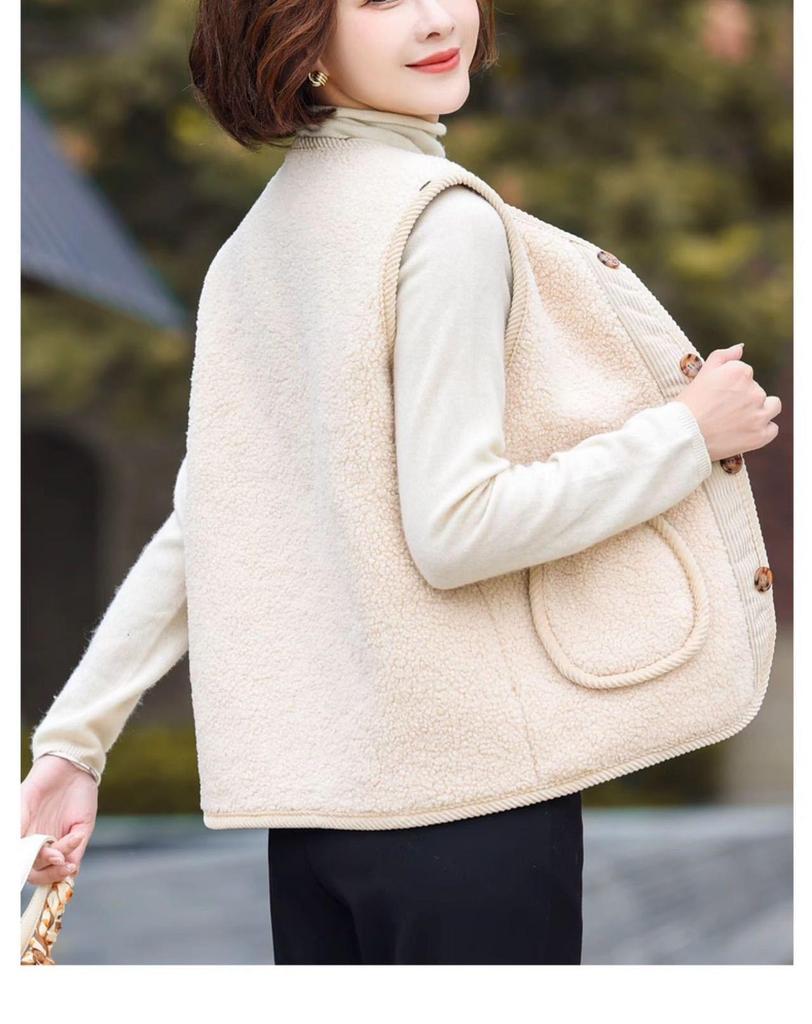 Women's Granular Fleece Vest for Middle-Aged & Elderly - Coffee Color, Sleeveless, Plus Velvet for Spring, Autumn, and Winter