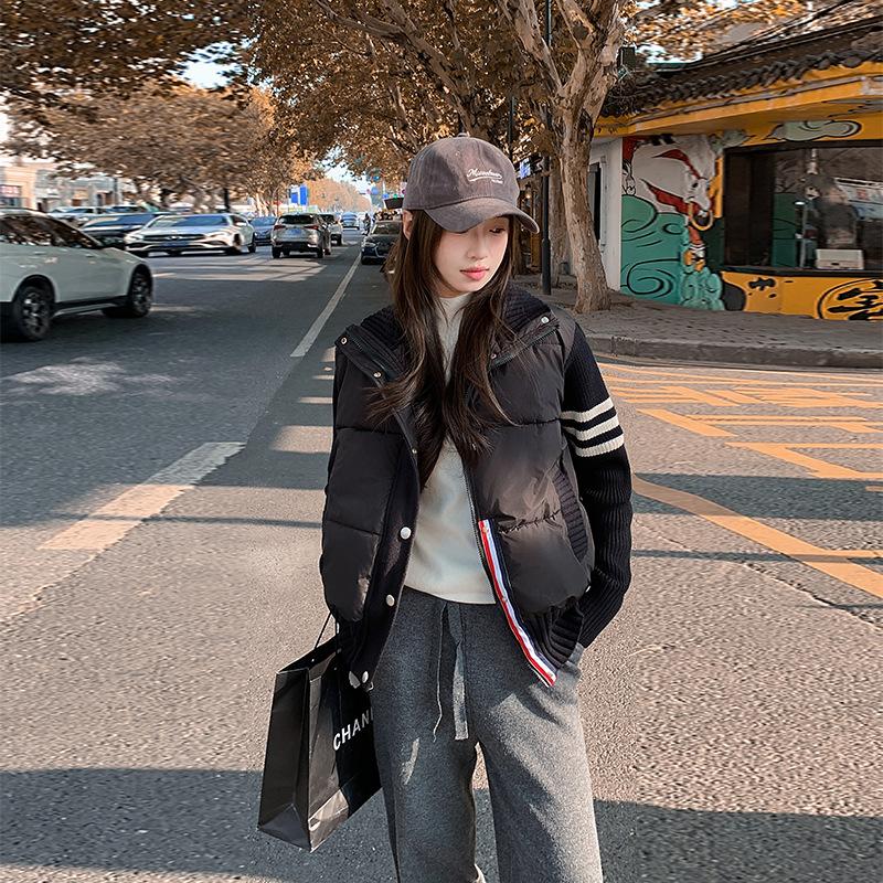 

Дизайн 2025 нишевая зимняя мода женская одежда маленький ароматный стиль вязаная хлопковая куртка утолщенная теплая короткая куртка M чёрный