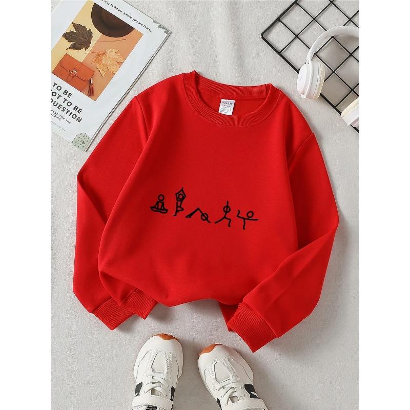 Kids Crewneck Sweatshirt, Yoga Stick Figure Graphic Print, Spring Autumn Casual Sport Tops