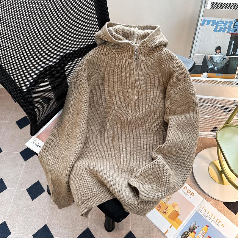 Men s Half-Zip Hooded Pullover Sweater - Casual Loose Knitwear for Autumn & Winter L хаки