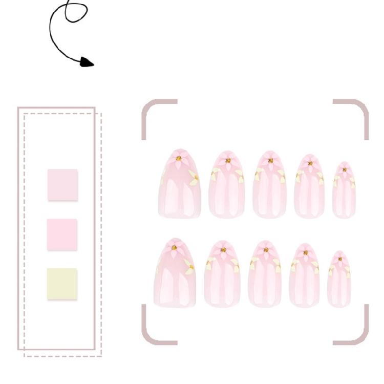 24pcs Press On Nail Short Almond False Nail With Flowers Designs Glossy Artificial Full Cover Stick On Nail for Women