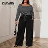 Costum casual de damă plus size cu dungi, top cu mâneci lungi și pantaloni lungi