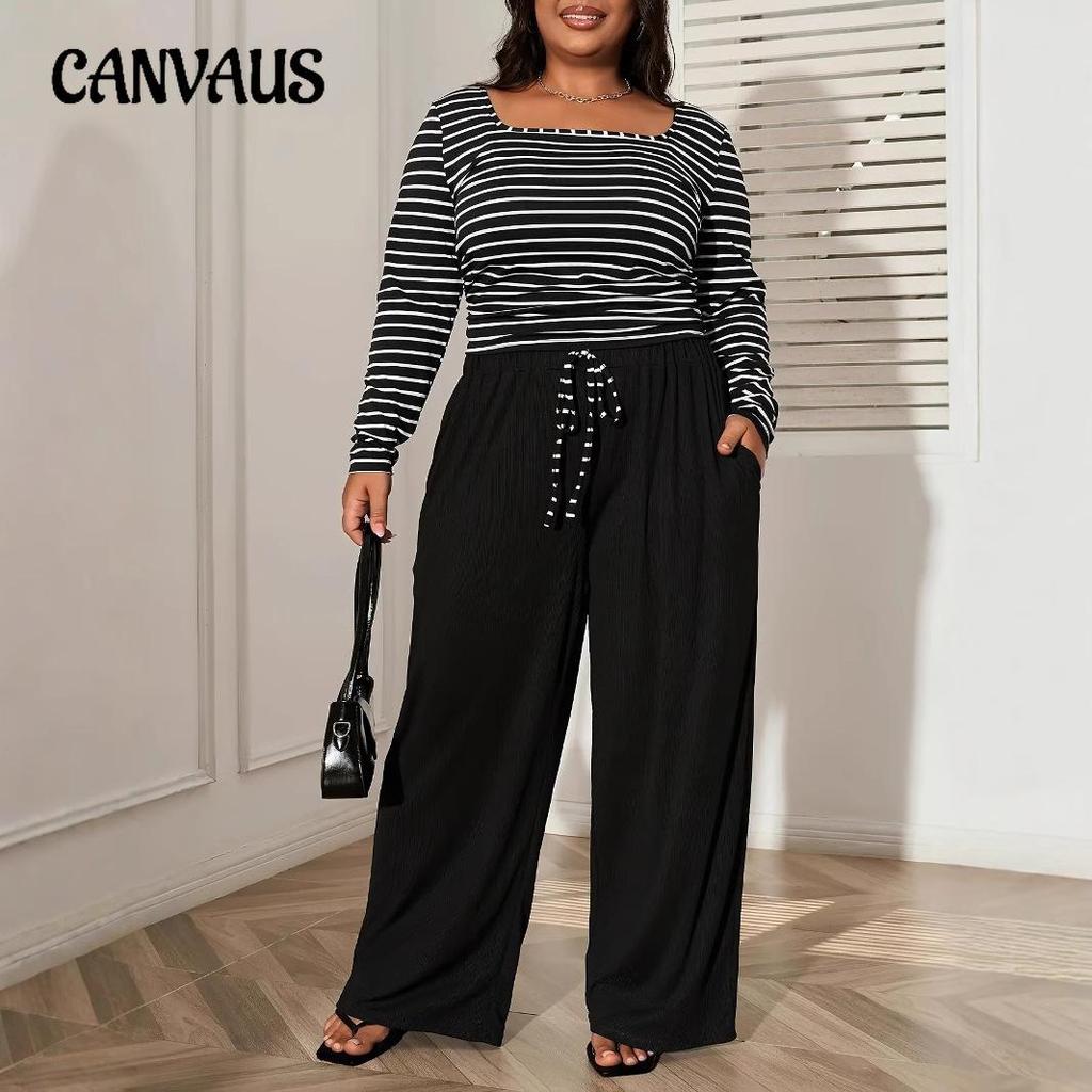 Women's Plus Size Casual Striped Long Sleeve Top Long Pants Suit