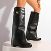 Divat 2025 Új Fekete PU Hosszú Csizma Női Téli Szexi Hegyes Orrú Magassarkú Térdig Érő Csizma Fém Díszítéssel Designer Női Y2K Cipő
