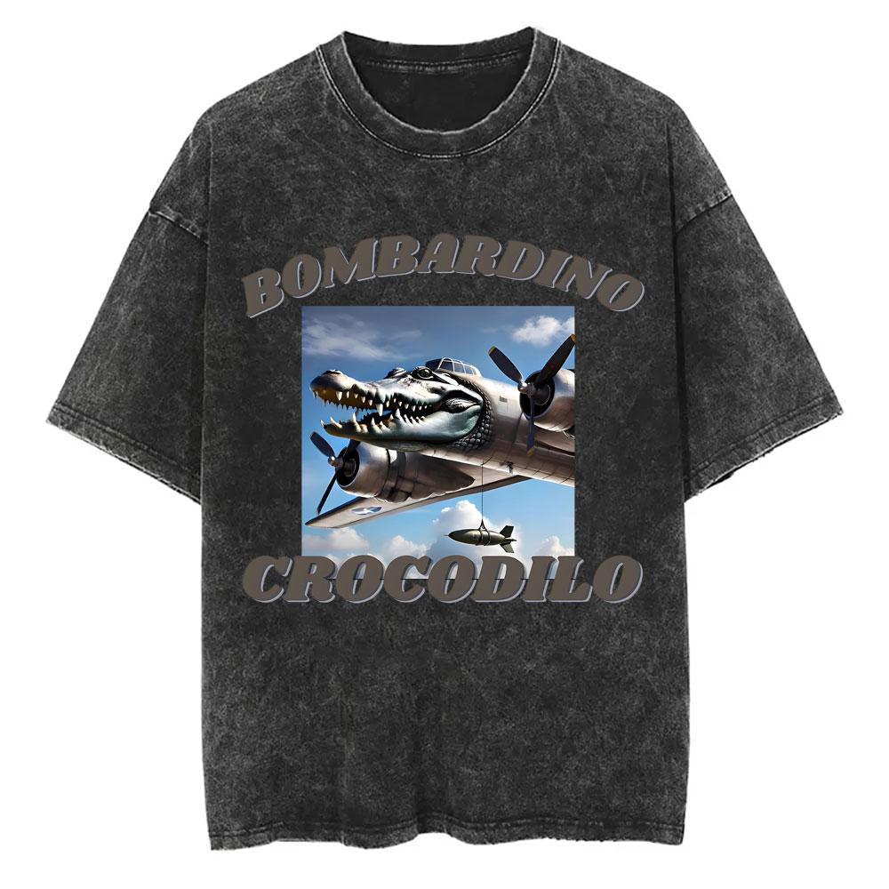 Yk Tshirt Men New In Top Tees Mens TShirt Vintage Washed Bombardiro Crocodilo T Shirt Funny Plane Bomber Crocodile Meme