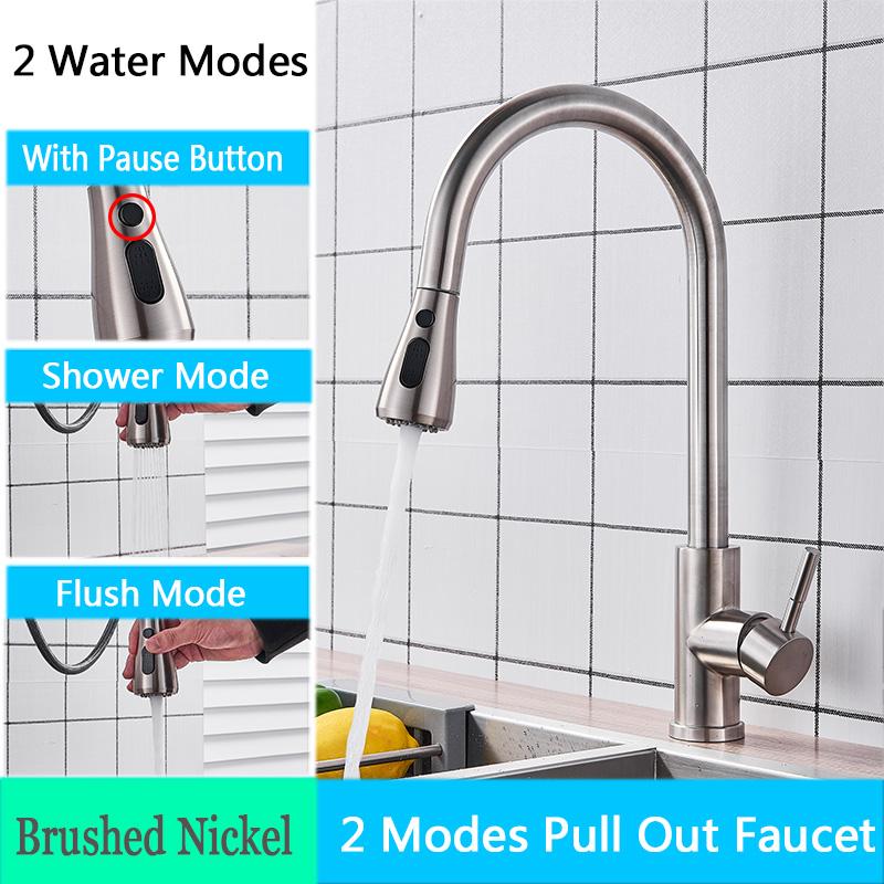 Brushed Nickel Kitchen Faucet Flexible Pull Out Nozzle Kitchen Sink Mixer Tap Stream Sprayer Head Deck Black Hot Cold Water Taps