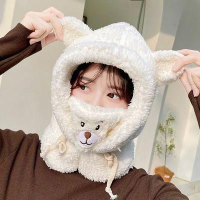 Winter Plush Lamb Bear Beanie Hats Women Scarf Ear Protection Hat Thick Warm Masked Hood Cap Girl Outdoor Ski Windproof Beanies