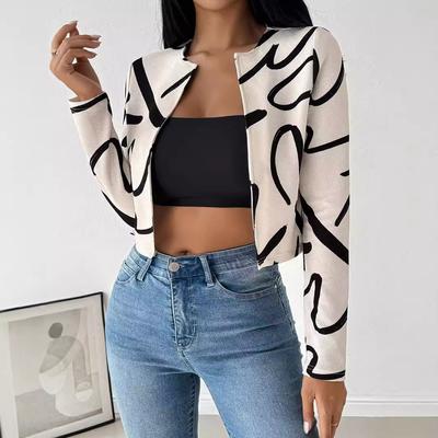 Women Spring Autumn Casual Long Sleeve Printed Short Jacket Coat