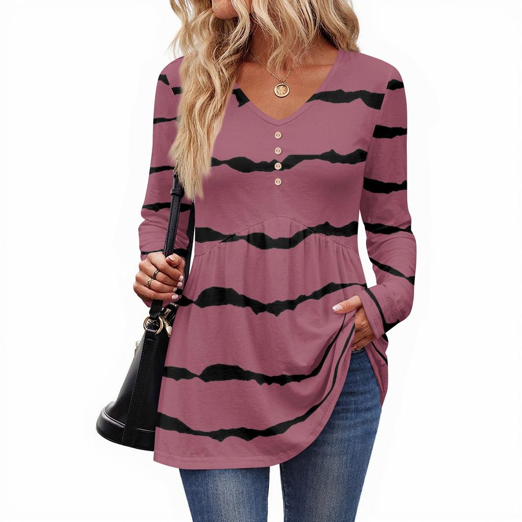 Women's Casual Fashion V-Neck Button Striped Long Sleeve Top