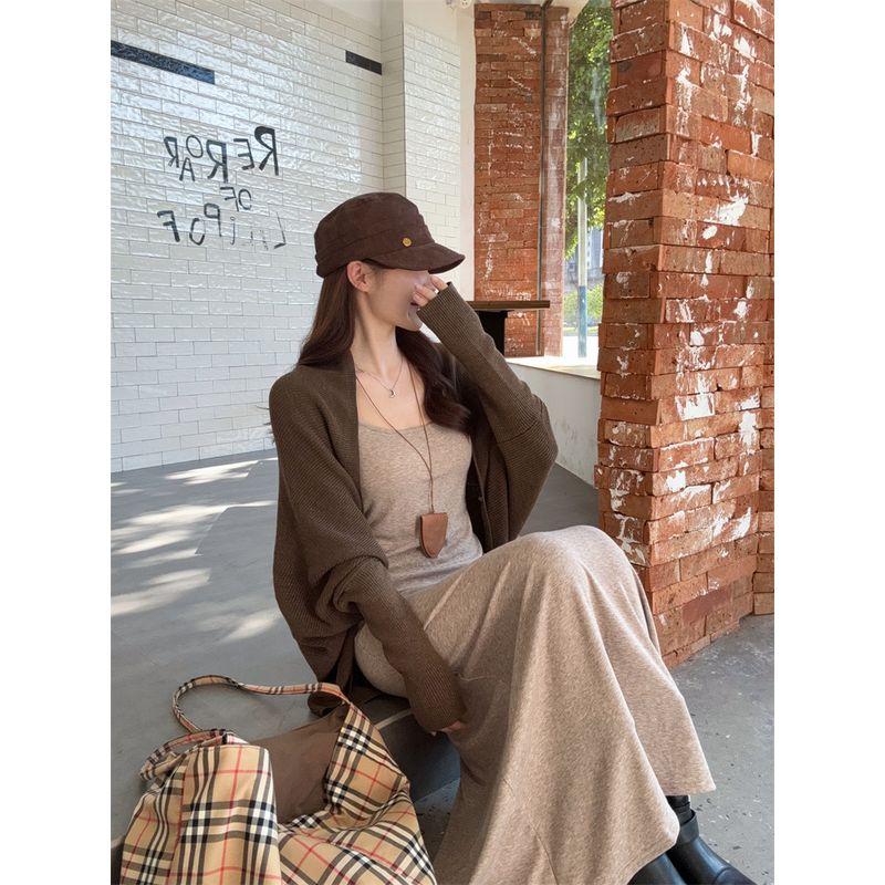 Kumikumi Elegant Outfit Asymmetrical Long Sleeve Cardigan Jacket Female Autumn Inner Suspender Dress Two-piece Set