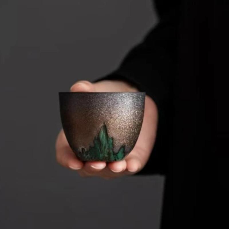 Style Chinese Tea Cup Single Gold Glazed Ceramic Cup for Gongfu Tea Meditation Handmade Oriental Tea Ware