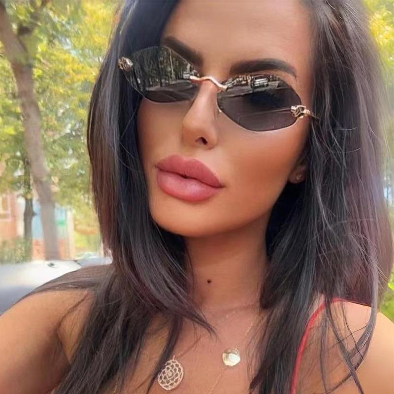 Vintage Rimless Rhombus Sunglasses Women For Men  Luxury Brand Designer Popular Punk Hip Hop Metal Leopard Head Sun Glasses
