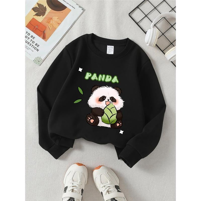 European Sizes Kids' Round-Neck Hoodie | Panda Eating Bamboo Rayon Leaf, Green Background,  , Sportswear and Casual Wear
