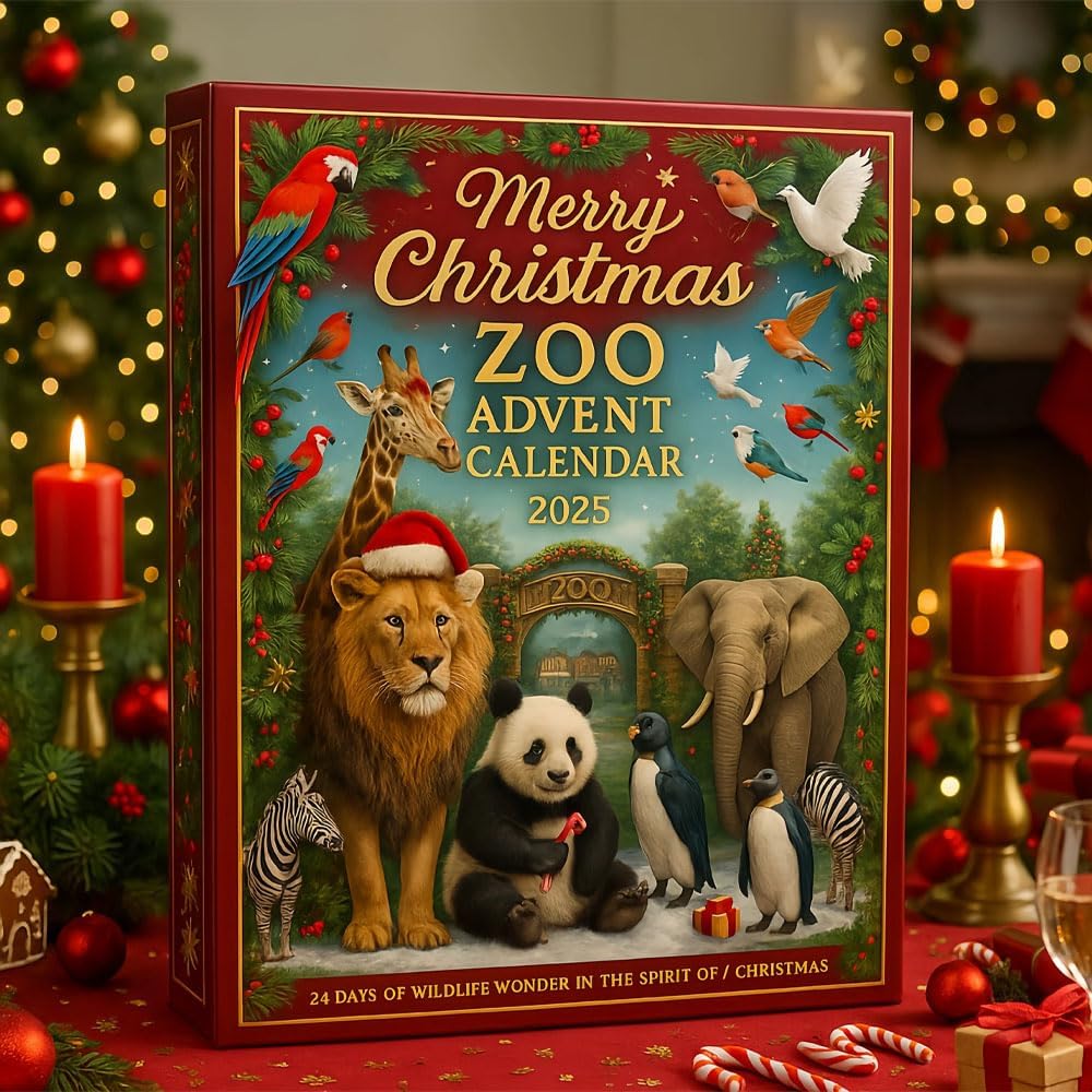 Feliz Navidad Calendario de Adviento Zoológico 2025, Calendario de Cuenta Atrás para Navidad de 24 Días con 24 Animales Diferentes, Cuenta Atrás Navideña de Vida Silvestre para Amantes de los Animales