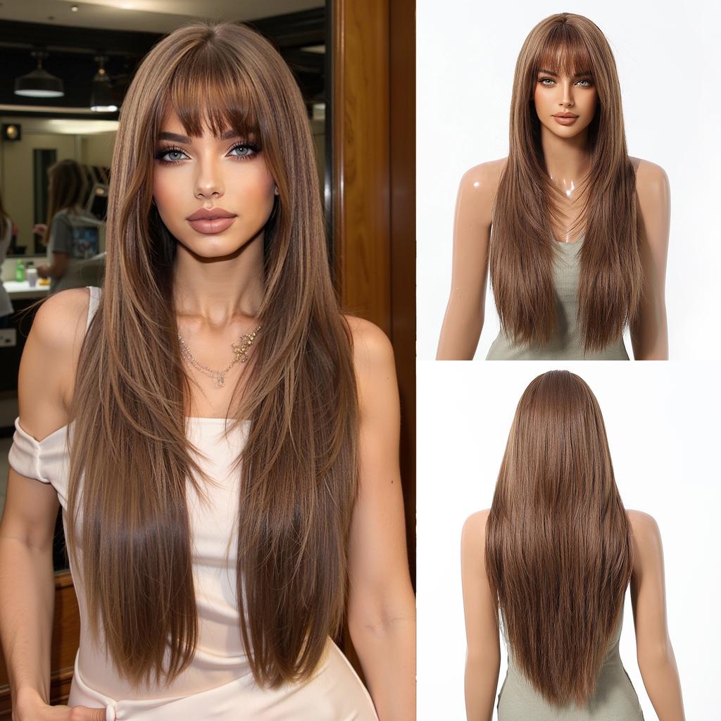 Synthetic Layered Wig Long Rose Gold Straight Wigs with Bangs Blonde Cosplay Party Natural Hair Wigs for Women Heat Resistant