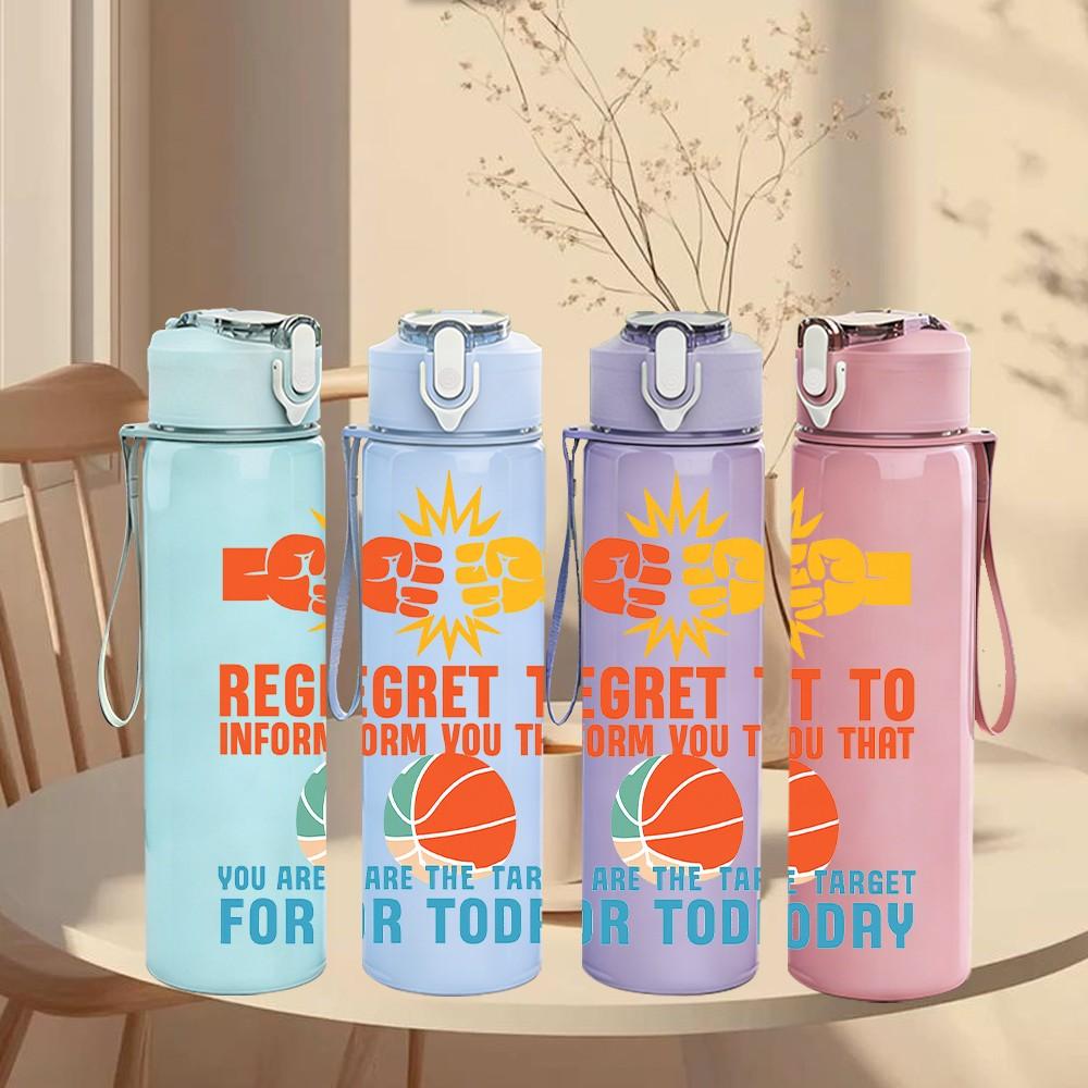 1PC Regret To Miss Basketball Letter 750ml Color Plastic Sports Water Bottle Leakproof Flip Straw Lid Suitable for Sports Office Home Use