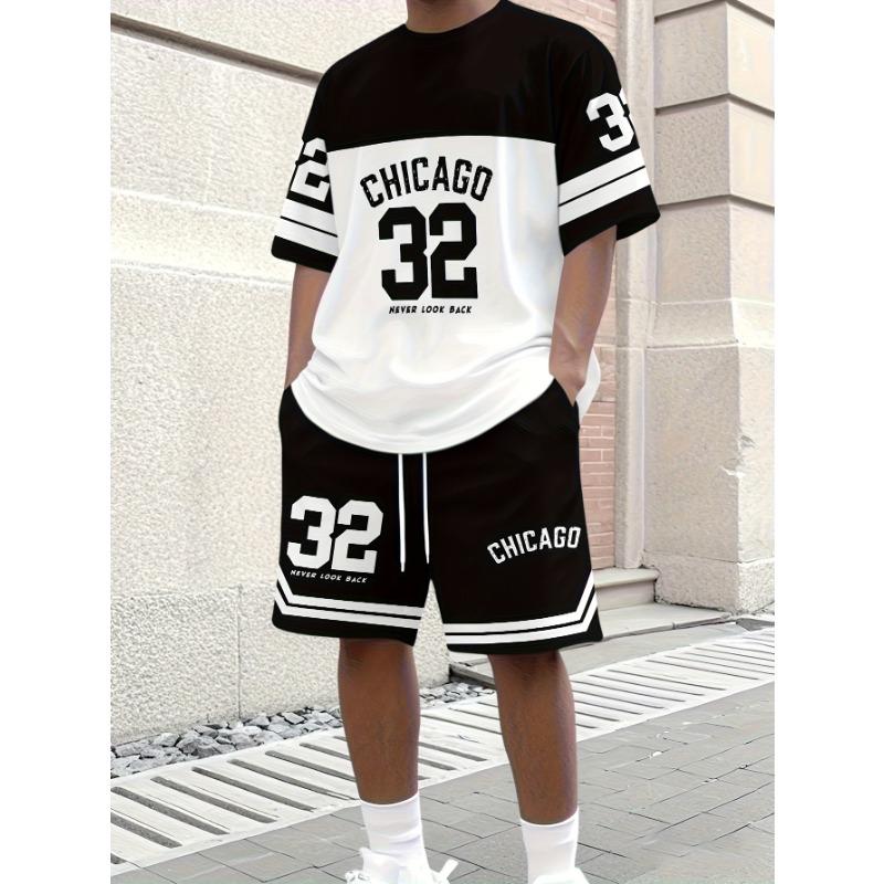 Men's Casual T-shirt, Round Neck Short Sleeves and Shorts Set, Eye-catching '32' Number Pattern, Breathable Regular Fit for Daily and Formal Wear