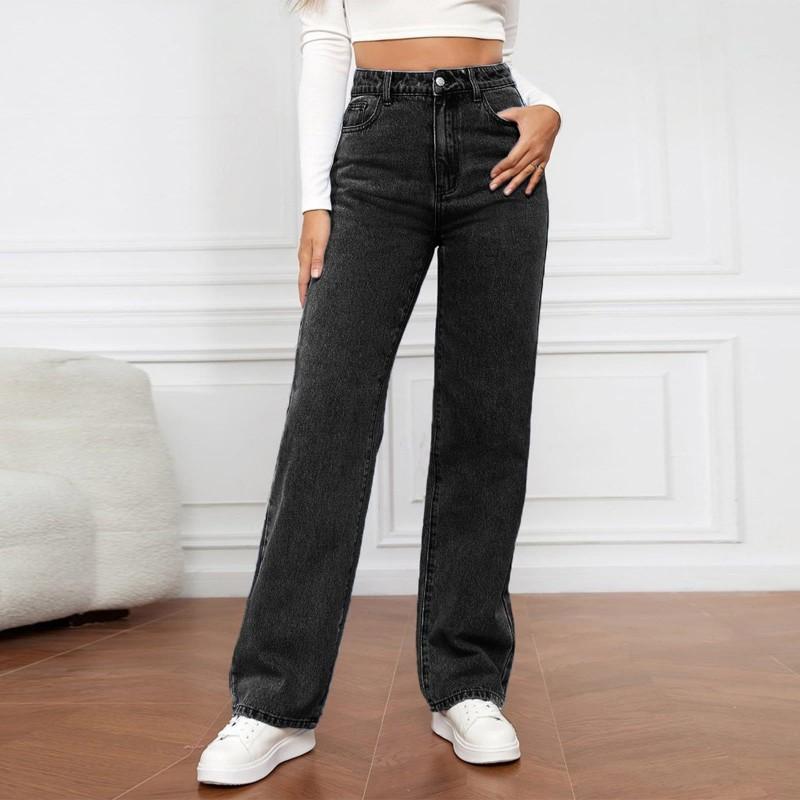 Womens Vintage Straight Cut Wide Leg Denim Jeans - Relaxed Fit Washed Effect Mid-Rise Non-Stretch Cotton Blend