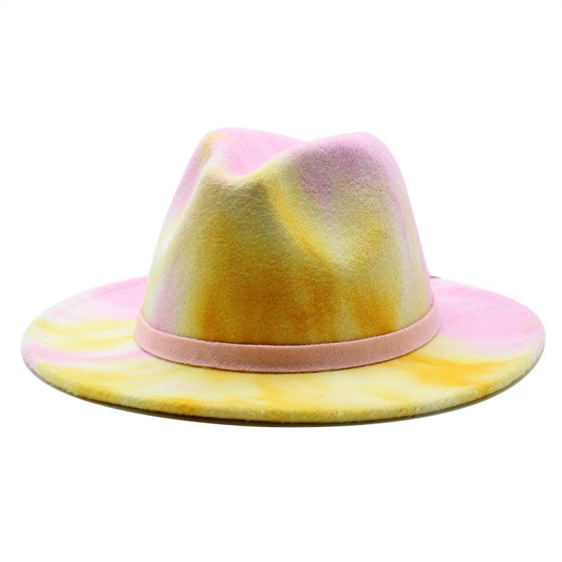 Ji Nan Ladies Tie-Dyed Rainbow Wool Top Hat, Flat-Brimmed Jazz Hat Felt Hat