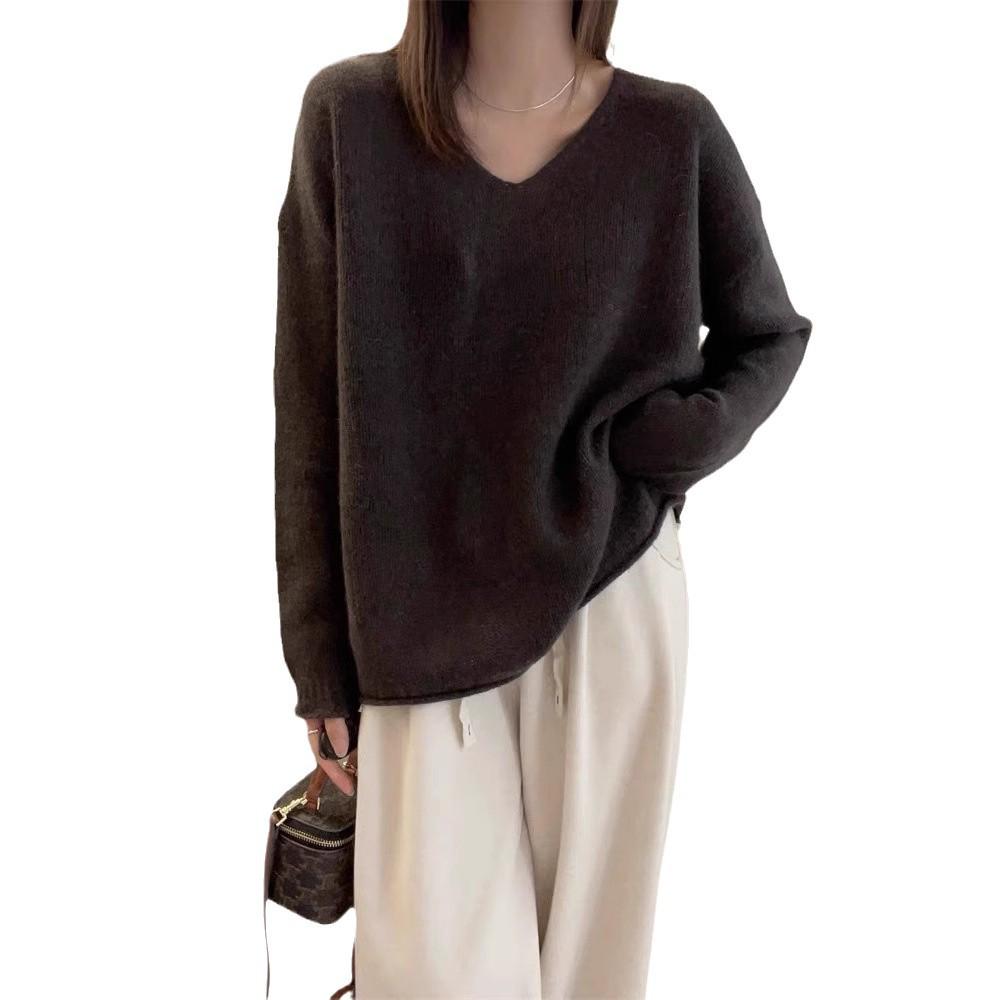 Stylish V-Neck Wool Knit Sweater for Women - Autumn/Winter Loose Outerwear