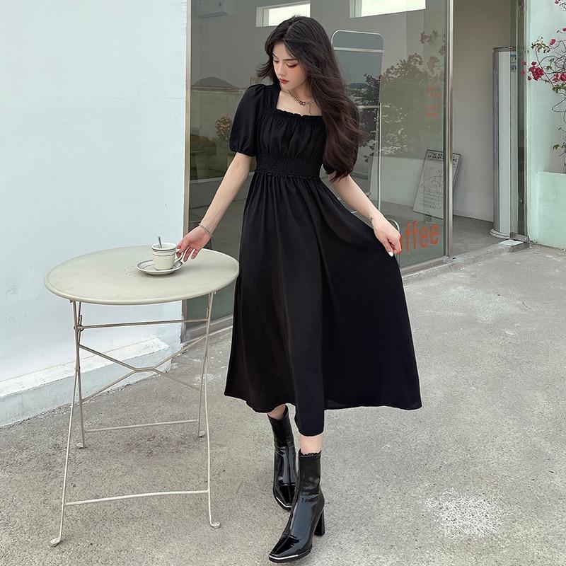 French Retro Square Collar Long Sleeve Dress Elastic High Waist A-line Skirt Temperament Gentle Slim Skirt Princess Dress
