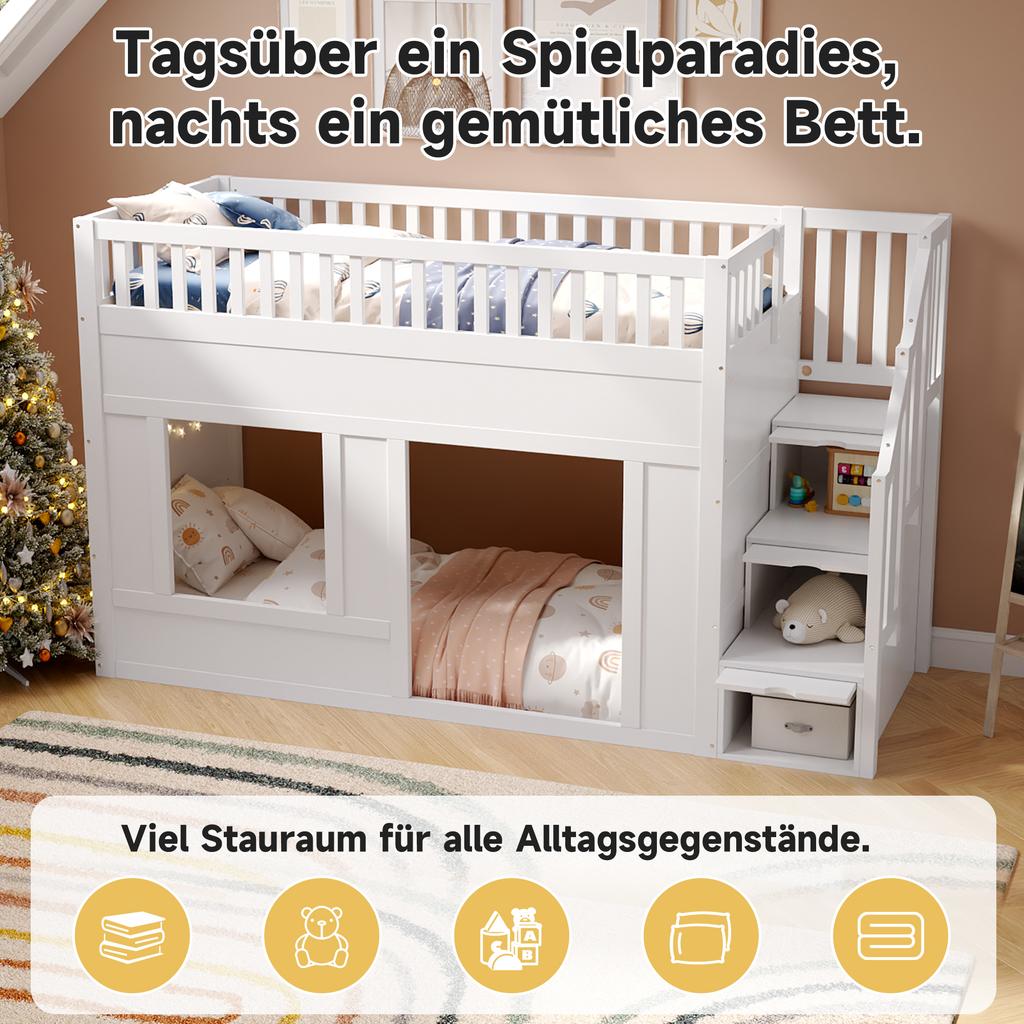 Kinderbett, Etagenbett (90 x 200 cm), Hochbett, Multifunktionsbett mit Treppenschrank, Umbaubare Spielfläche darunter, ohne Matratze, Weiß