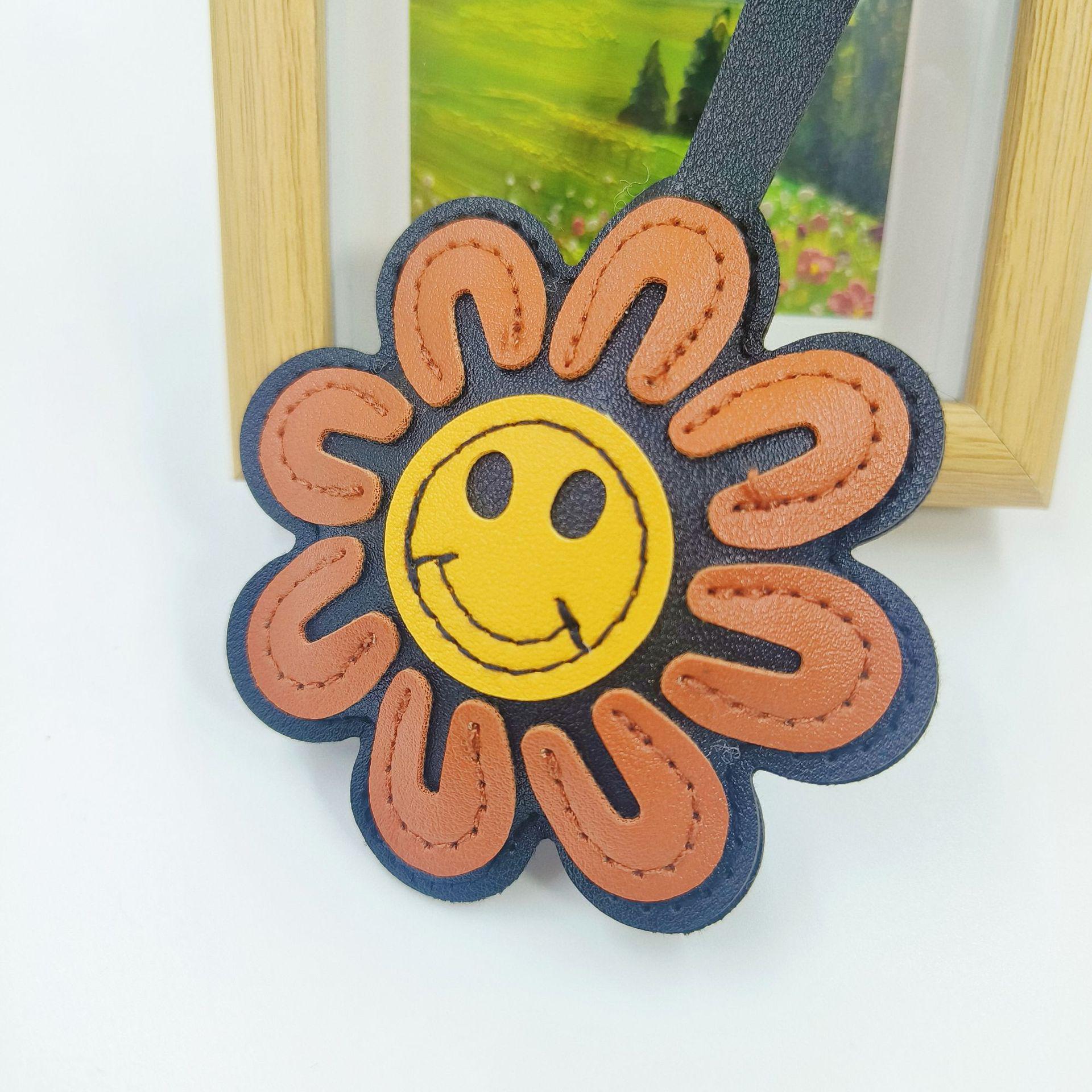 3D Padded Leather Sunflower Smiley Face Keychain Pendant