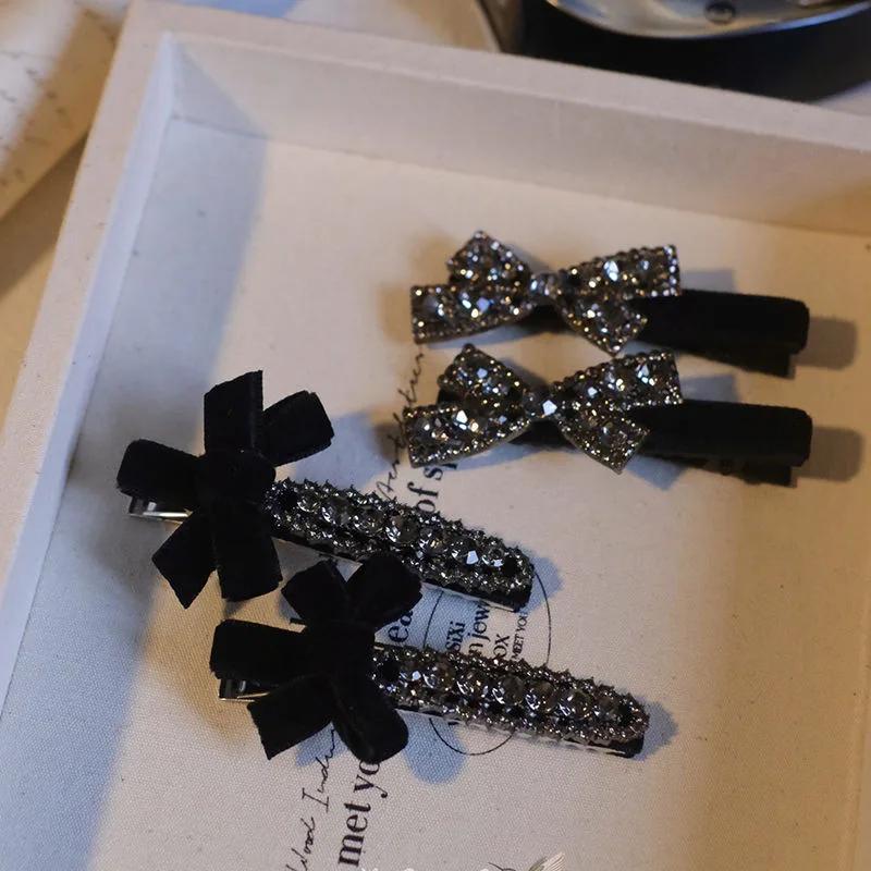 2Pcs Sweet Bow Rhinestone Hair Clips Girls Kawaii Cute Headwear Velvet Bowknot Duckbill Clips Kids Sided Clips Bangs Hairpin