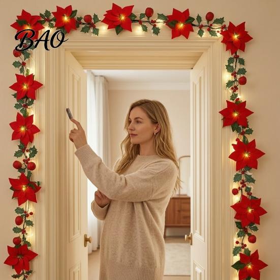 USB Operated Festive Lamps Christmas Poinsettia String Lights, 200/300cm Red Green Floral Garland, Battery/USB Bedroom Ambient Atmosphere Indoor