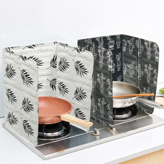 Protector contra salpicaduras de cocina Impresión de hojas moderna Plegable Resistente al calor Antiadherente Cocina de 3 lados Estufa para freír Tapa de metal con aislamiento de grasa a prueba de aceite