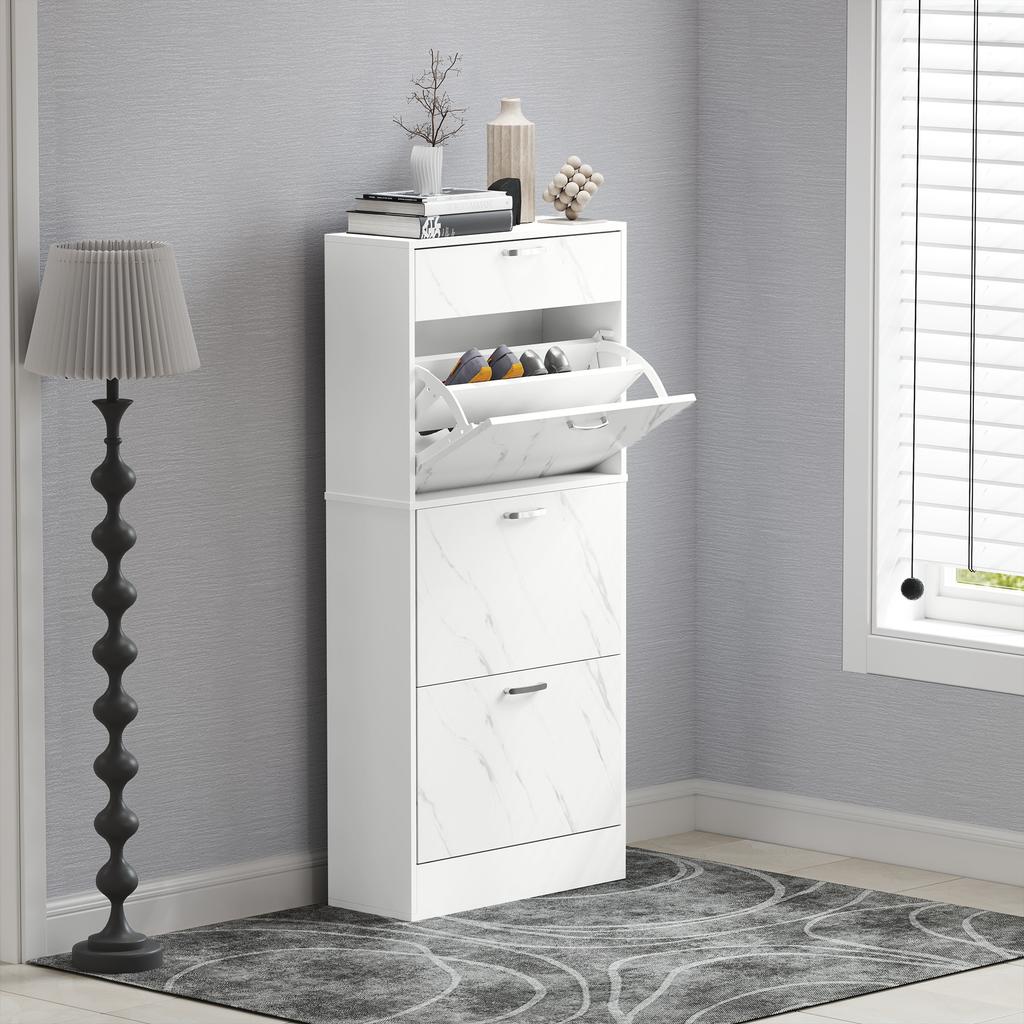 Marble Shoe Storage Cabinet with 3 Flip Drawers, Hallway Cabinet with Top Drawer and Adjustable Shelves, Shoe Cupboard for 18 Pairs, White