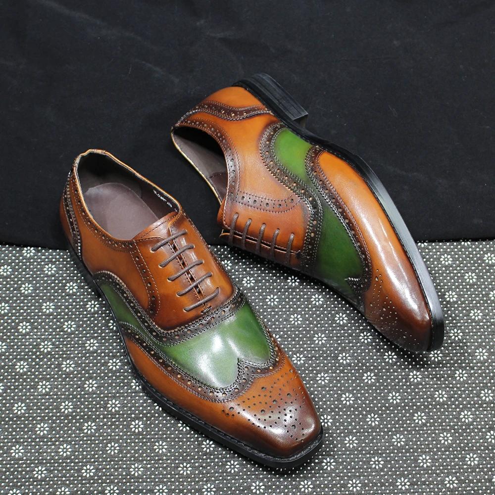 Fashion Men's Luxury Genuine Leather Oxfords Classic Wingtip Lace-Up Dress Shoes for Wedding Party Business Office Formal Wear