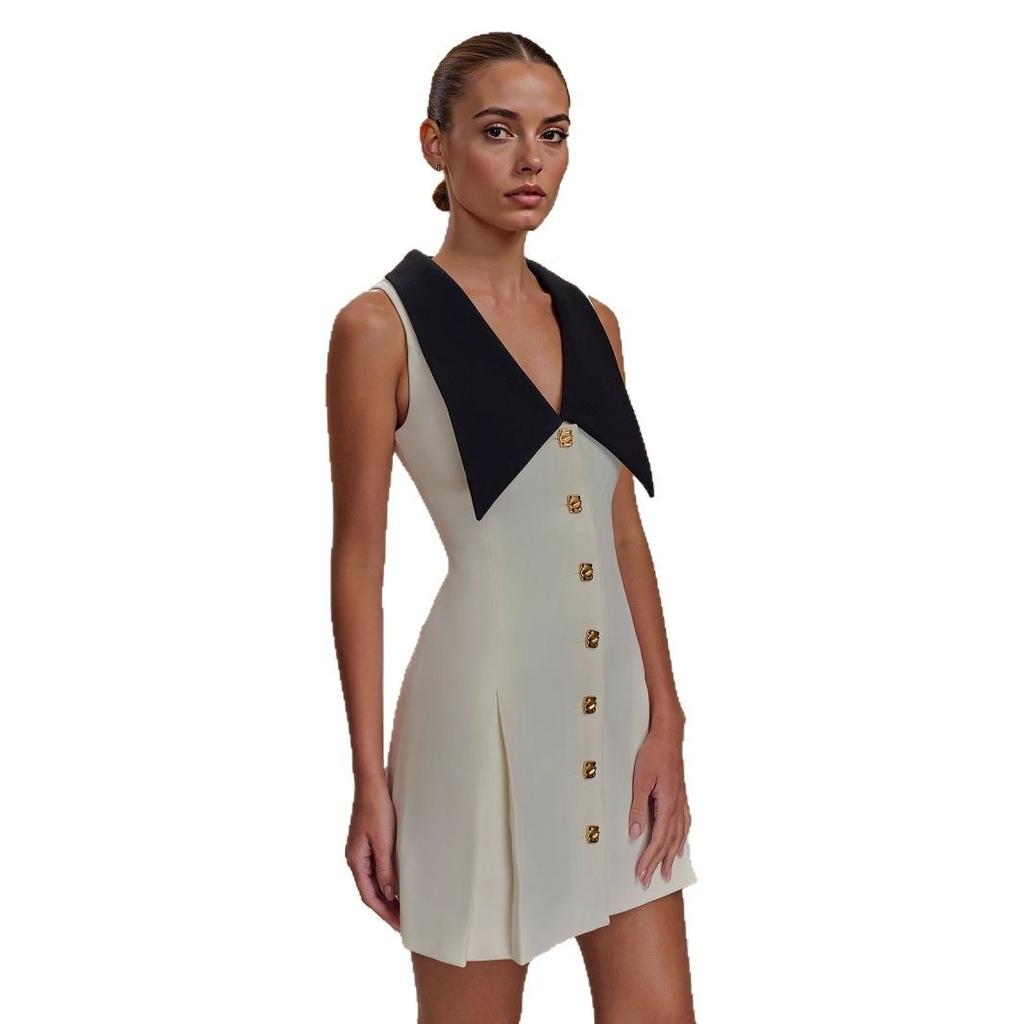 Women's Sleeveless Dress, Off White, Black Collar, Gold Square Buttons