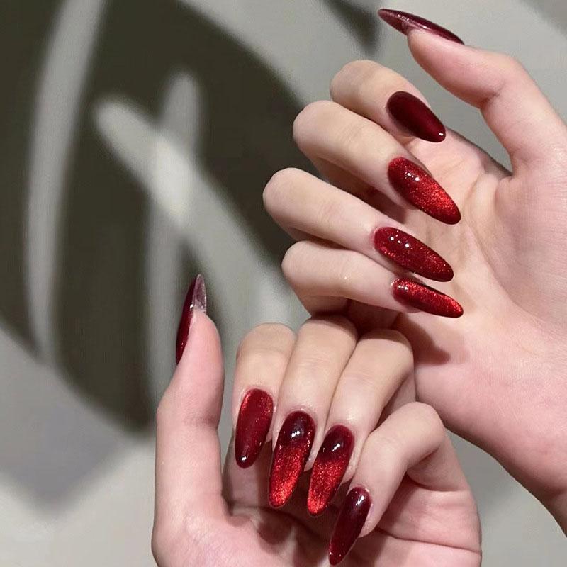 24pcs Long Red Fake Nail Valentine's Day Solid Color Glittering Press-on Nail for Women and Girls Nail Decoration