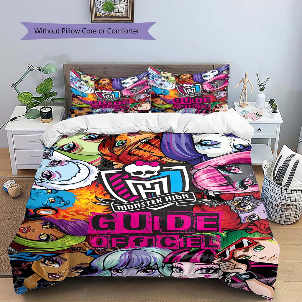 Ropa de cama con estampado Monster High Juego de colcha Funda de colcha Funda de almohada Decoración del hogar Regalo de cumpleaños (1 * funda nórdica + 2 * fundas de almohada, sin núcleo)