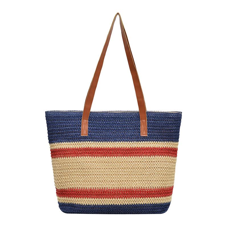 Striped Straw Woven Tote Bag - Large Capacity Beach Vacation Shoulder Bag