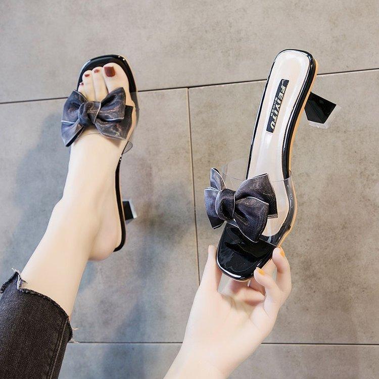 Fashion outer wear cool slippers women's middle heel transparent one-word drag 2025 summer new fashion bow versatile high heels