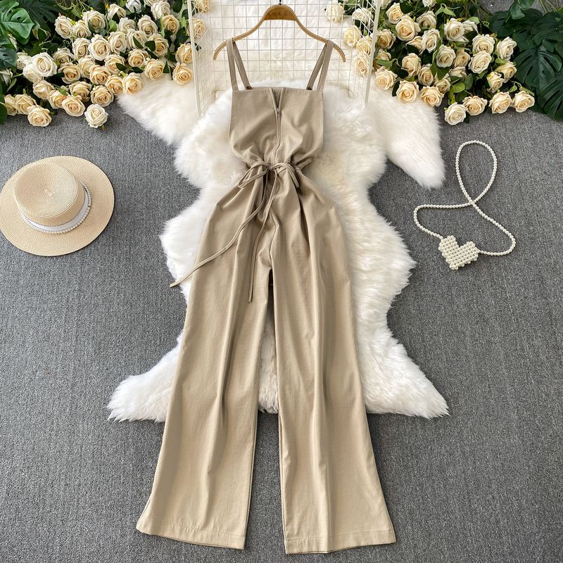 

Young Style Elegant Half Zipper Sling Jumpsuit Women 2025 Summer New Drawstring Waist Hugging Slimming Wide Leg Trousers Light brown All yards