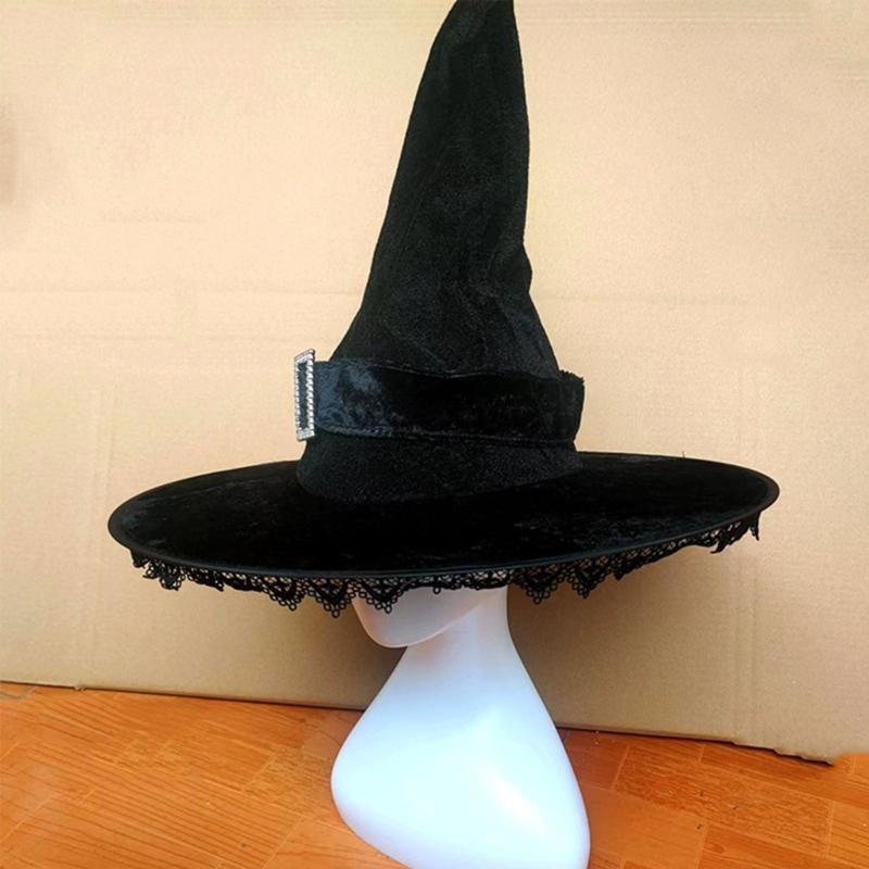 Halloween Party Velvet Witch Hats Party Wide Brim Pointed Hat Accessory Tulle Witch Hat with Lace Conjurer