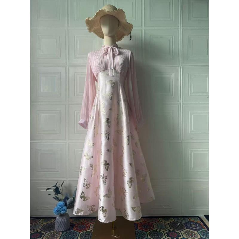 Elegant Long Sleeve Maxi Dress With Gold Foil Print Lantern Sleeves A-Line Skirt Women 2025