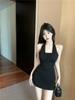 Celebrity chain neck strap evening dress suspender skirt women's summer pure desire sexy backless waist dress